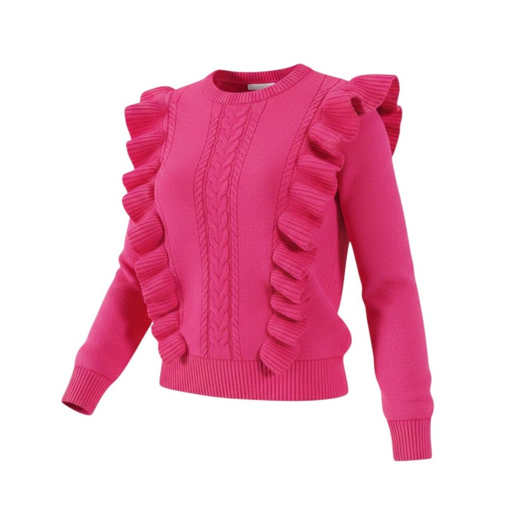 Fuchsia Pink Cable Knit Ruffle Shoulder Sweater Girls Size 8 Coquette